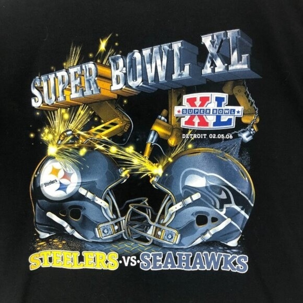 Super Bowl XL 2006 Detroit Steelers‎ vs Seahawks Black Graphic T-Shirt Mens XL